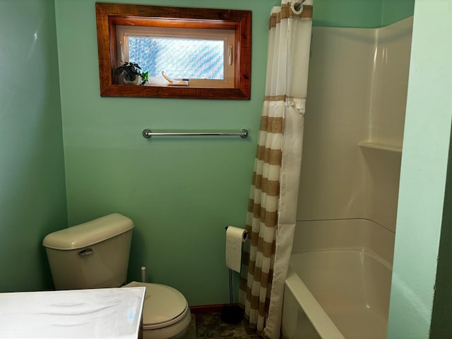 bathroom featuring toilet and shower / bathtub combination with curtain