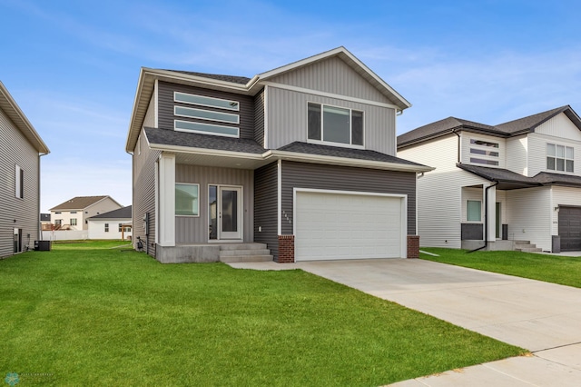 view of front of house with a garage, central air condition unit, and a front lawn