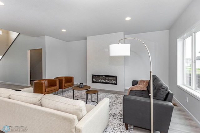 living room featuring a fireplace and light hardwood / wood-style floors