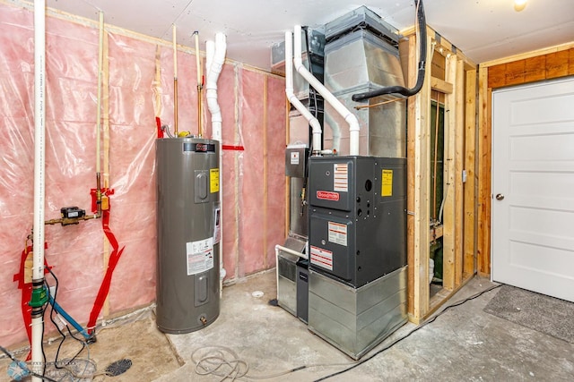 utility room featuring water heater and heating unit