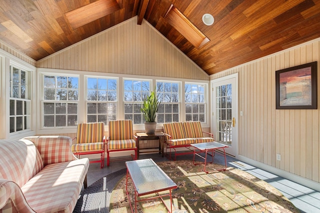 sunroom featuring a wealth of natural light, lofted ceiling, and wood ceiling