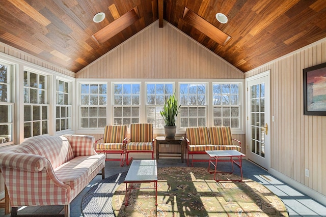 sunroom / solarium with lofted ceiling and wood ceiling