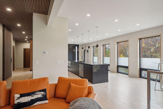 living room featuring sink and light hardwood / wood-style flooring