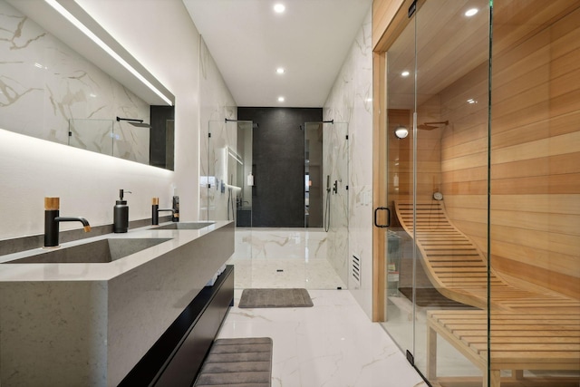 bathroom featuring vanity and walk in shower