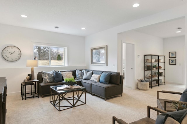 living room featuring light carpet