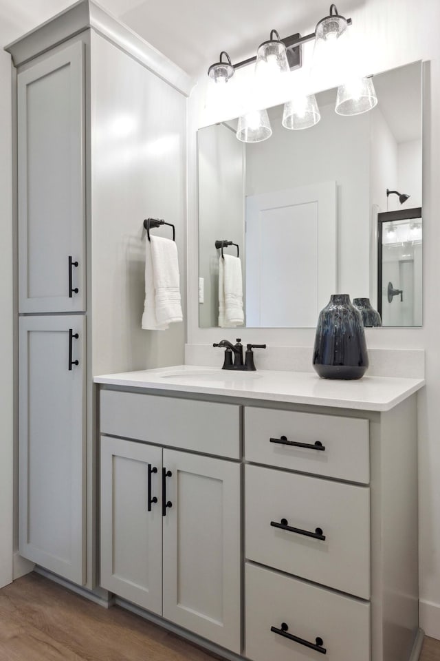 bathroom featuring vanity and hardwood / wood-style flooring