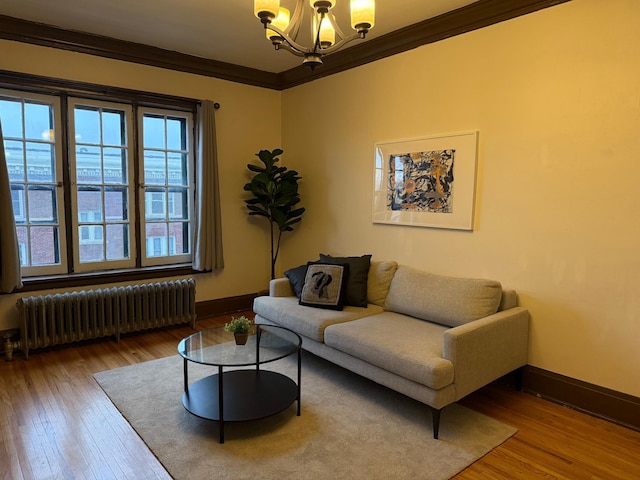 living room featuring an inviting chandelier, radiator heating unit, hardwood / wood-style floors, and ornamental molding