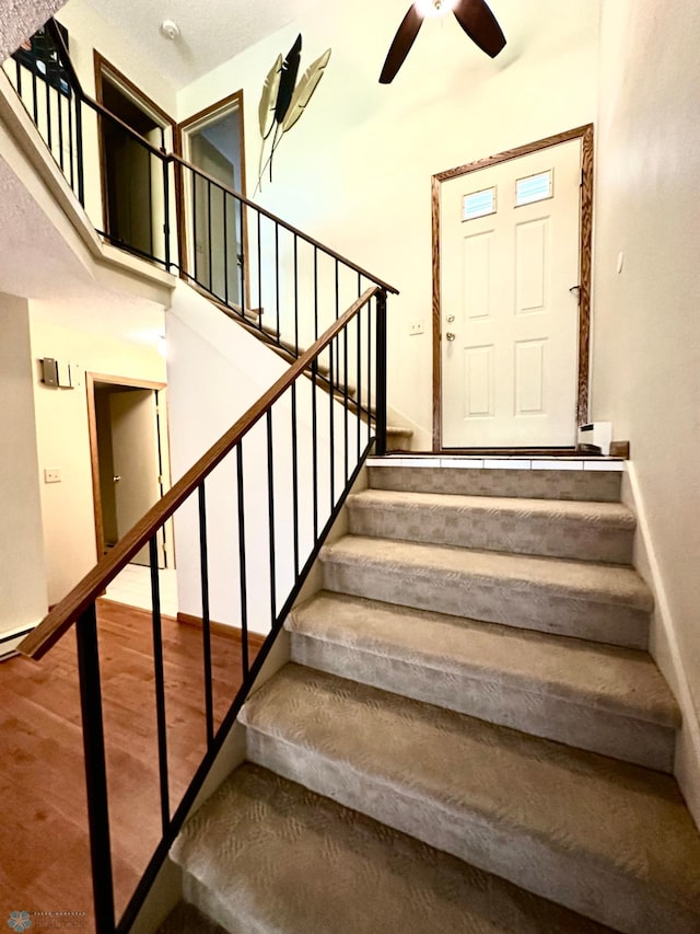 stairway with hardwood / wood-style flooring and ceiling fan