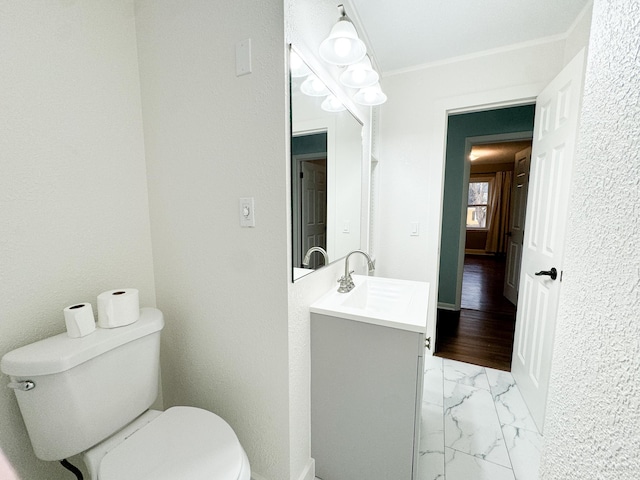 bathroom with vanity, toilet, and hardwood / wood-style floors