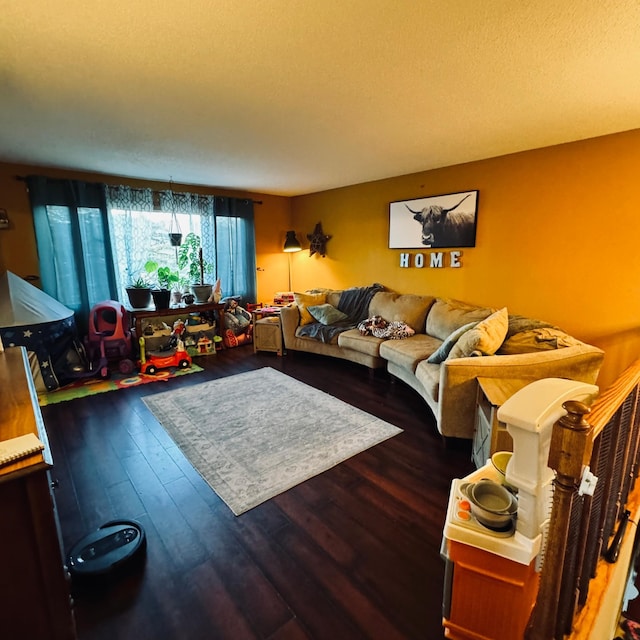 living room featuring hardwood / wood-style flooring and a textured ceiling