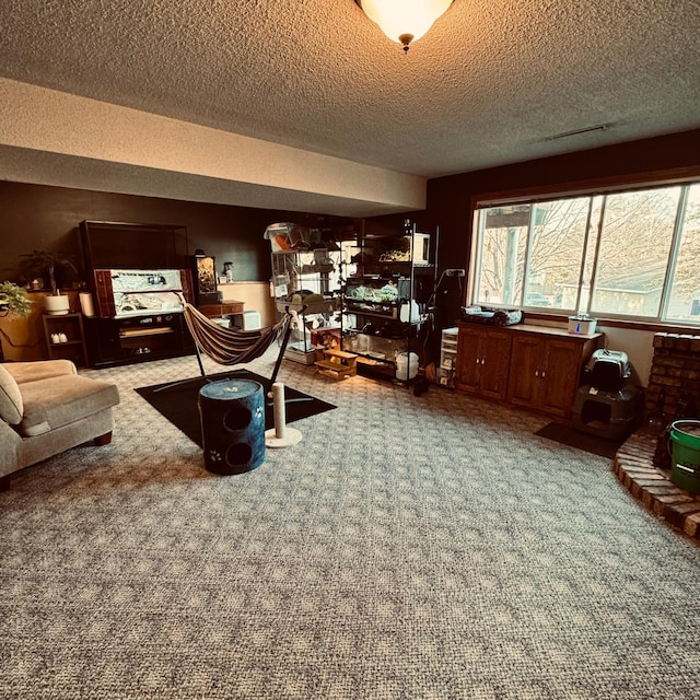 living room with a textured ceiling and carpet floors