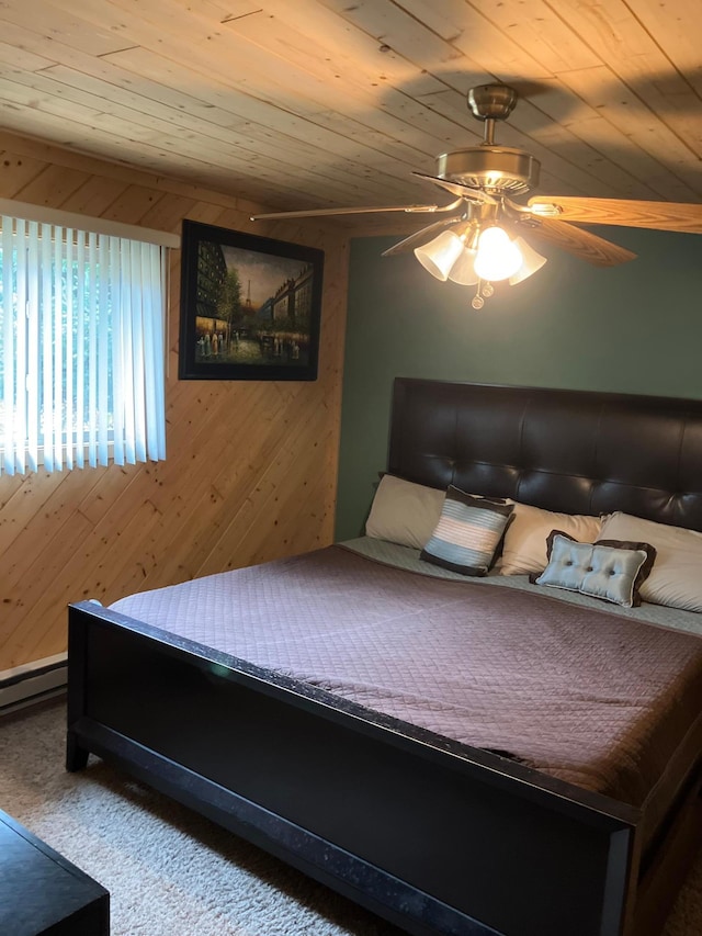 bedroom featuring wood ceiling, ceiling fan, carpet floors, and wood walls