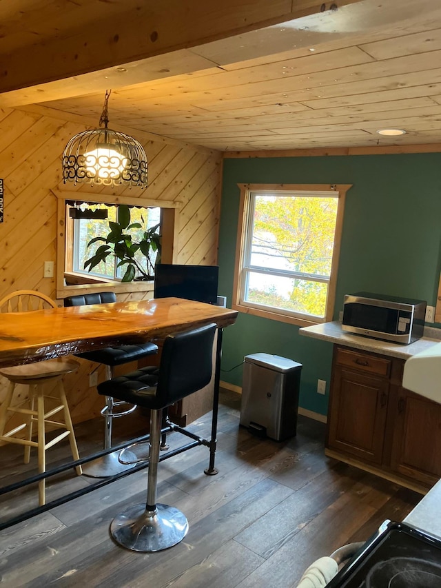 dining area with wood ceiling, wood walls, and dark hardwood / wood-style flooring