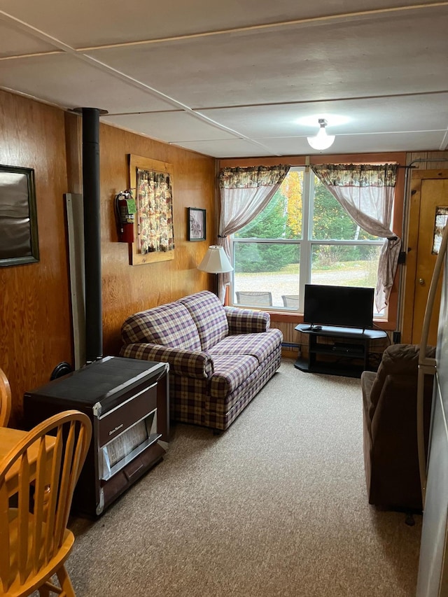 carpeted living room with a wood stove and wood walls