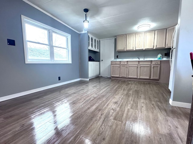 kitchen featuring light brown cabinets, dark wood-type flooring, ornamental molding, sink, and pendant lighting