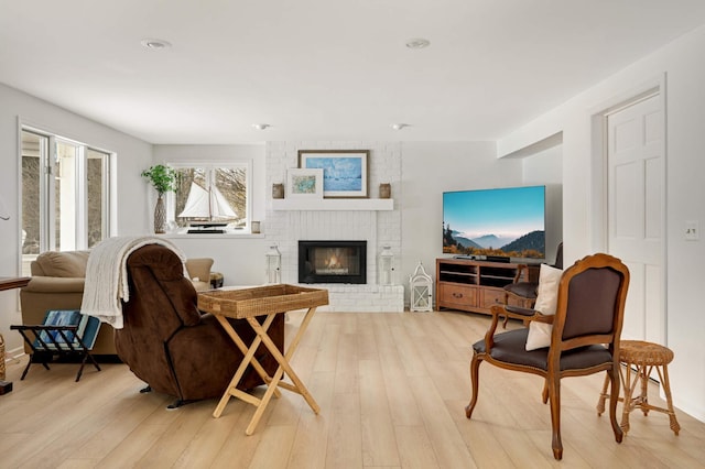 living area with a fireplace and light wood finished floors