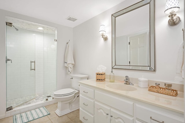 full bathroom with tile patterned flooring, toilet, vanity, visible vents, and a stall shower