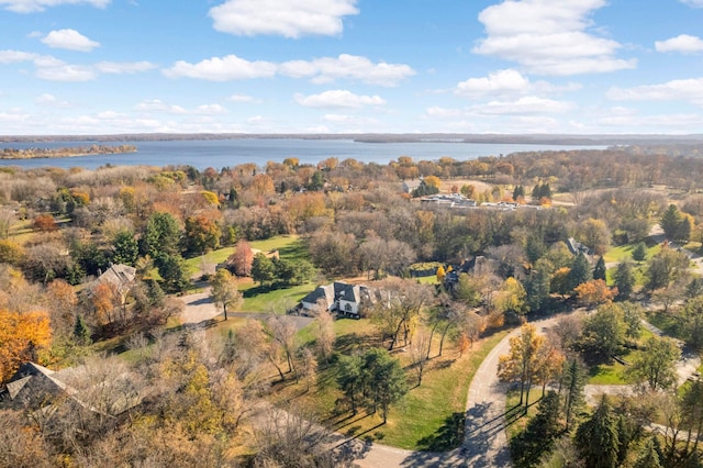 drone / aerial view with a water view and a wooded view