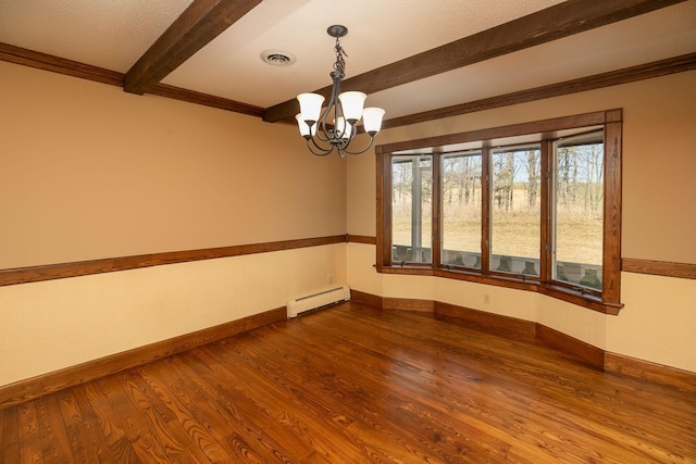 2700 115th St NW, Oronoco, MN 55960 - unfurnished room featuring visible vents, dark wood-style flooring, beam ceiling, a baseboard heating unit, and a notable chandelier