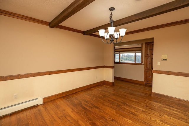 2700 115th St NW, Oronoco, MN 55960 - empty room featuring a notable chandelier, beam ceiling, baseboard heating, baseboards, and dark wood-type flooring