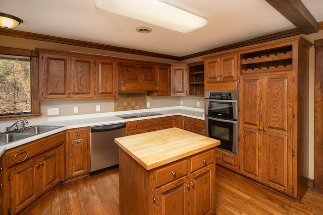 2700 115th St NW, Oronoco, MN 55960 - kitchen with open shelves, wood finished floors, wooden counters, a sink, and appliances with stainless steel finishes