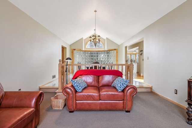 carpeted living room with lofted ceiling and a notable chandelier