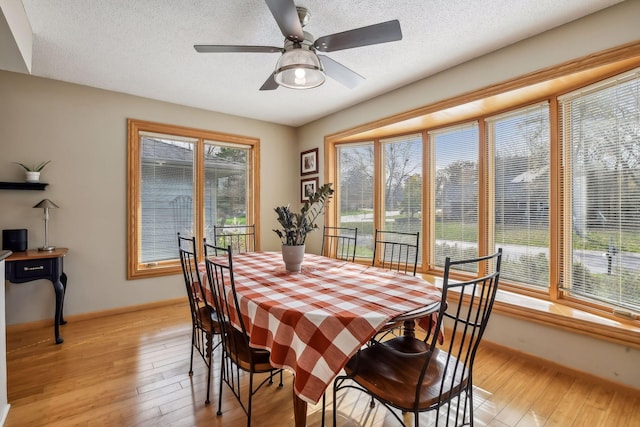 dining space with ceiling fan, light hardwood / wood-style floors, and a textured ceiling