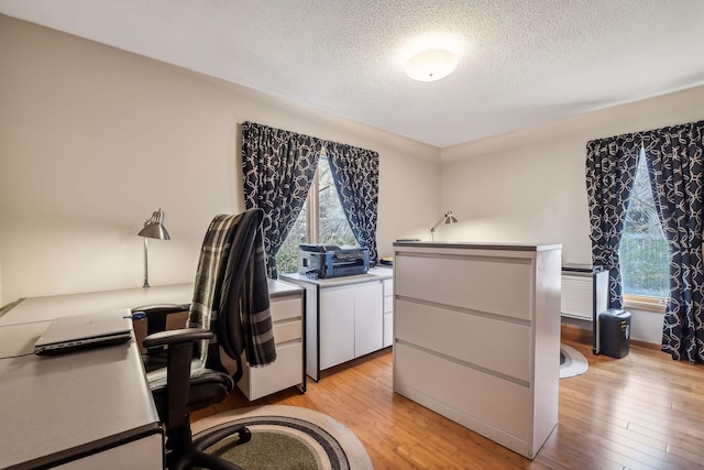 office featuring light hardwood / wood-style floors and a textured ceiling