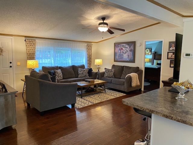 living room featuring crown molding, lofted ceiling with beams, a textured ceiling, and dark hardwood / wood-style floors