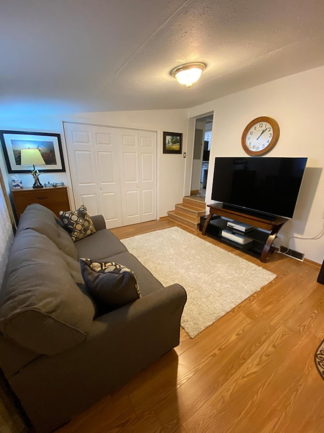 living room featuring hardwood / wood-style floors and a textured ceiling