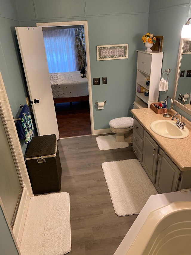 bathroom featuring vanity, toilet, wood-type flooring, and a shower with shower door