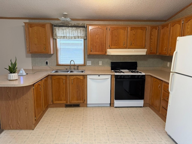 kitchen with a textured ceiling, white appliances, sink, and exhaust hood