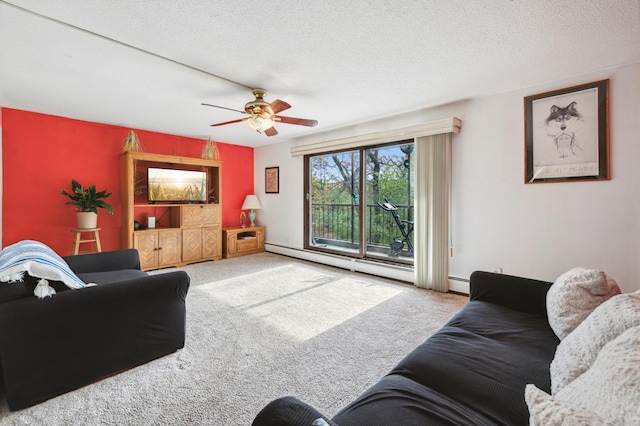 carpeted living room with a baseboard heating unit, a textured ceiling, and ceiling fan