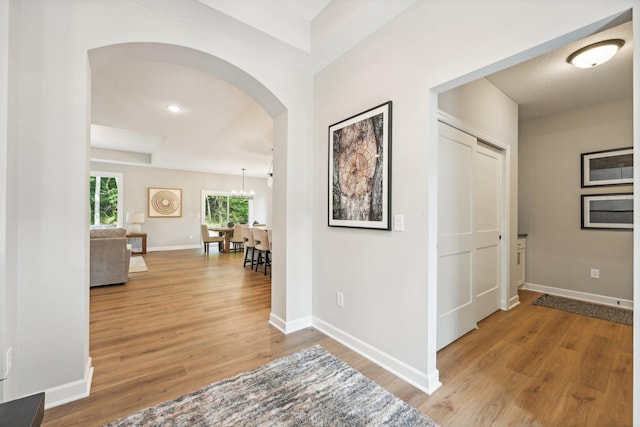 hall with a notable chandelier and hardwood / wood-style flooring