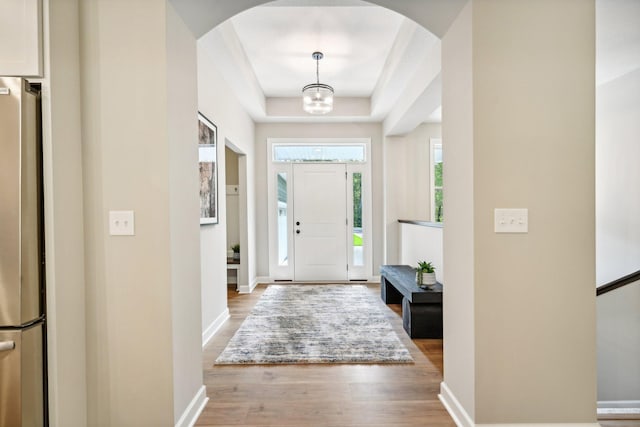 entryway featuring a raised ceiling and hardwood / wood-style floors