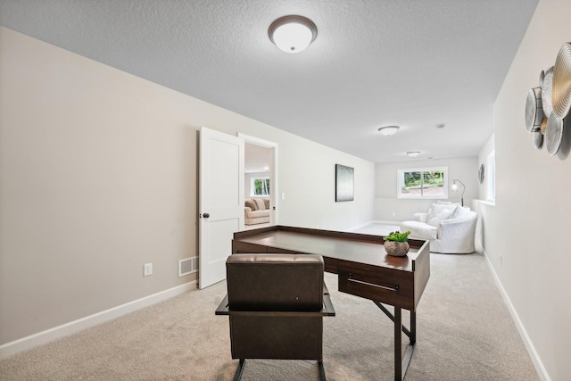 recreation room featuring a textured ceiling and light colored carpet