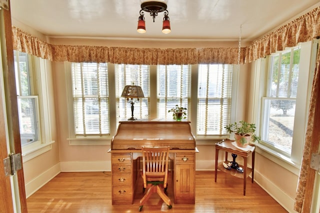 interior space featuring baseboards and light wood finished floors