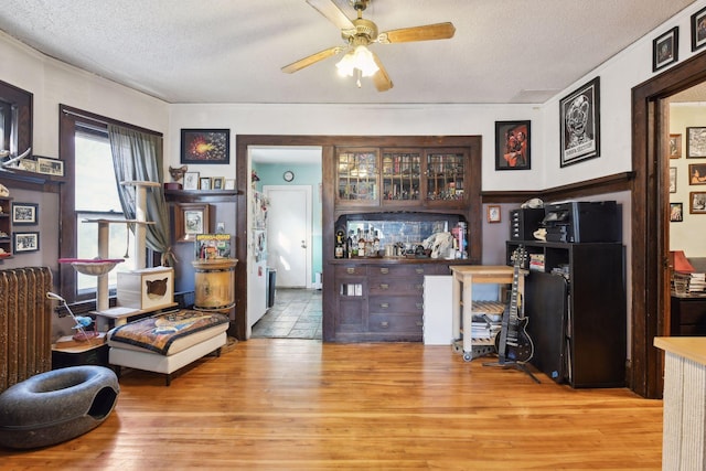 home office featuring ceiling fan, light hardwood / wood-style flooring, and a textured ceiling