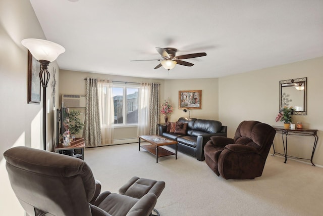 living room featuring a wall mounted AC, light colored carpet, and ceiling fan