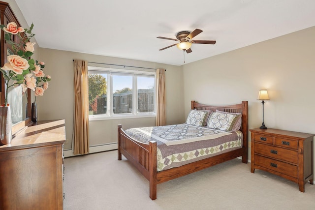 carpeted bedroom with a baseboard radiator and ceiling fan