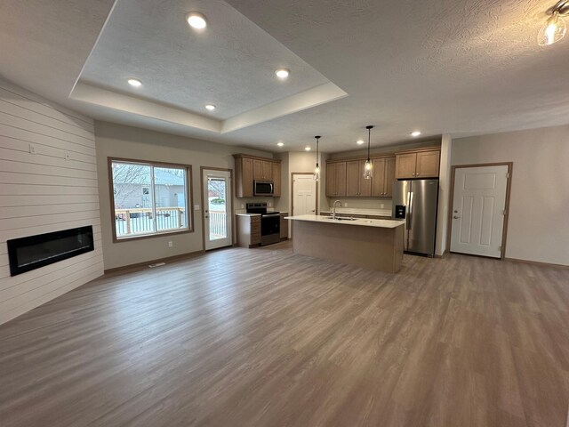 kitchen featuring stainless steel appliances, a raised ceiling, dark hardwood / wood-style floors, decorative light fixtures, and a center island with sink