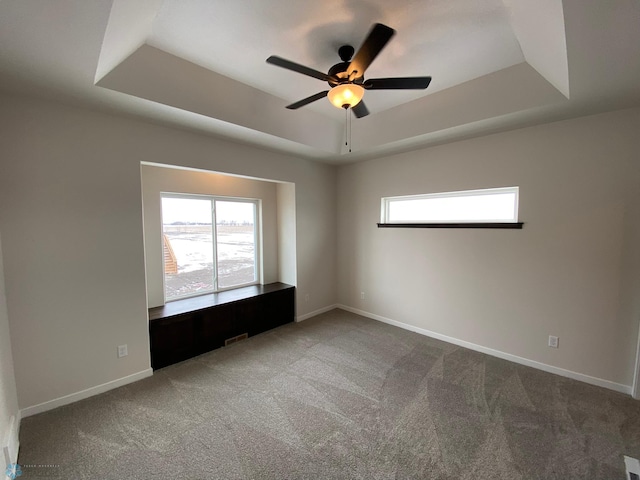 1312 Southview Dr SW, Glyndon, MN 56547 - carpeted empty room featuring a tray ceiling, ceiling fan, and baseboards