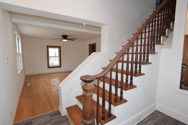 staircase with hardwood / wood-style floors and ceiling fan