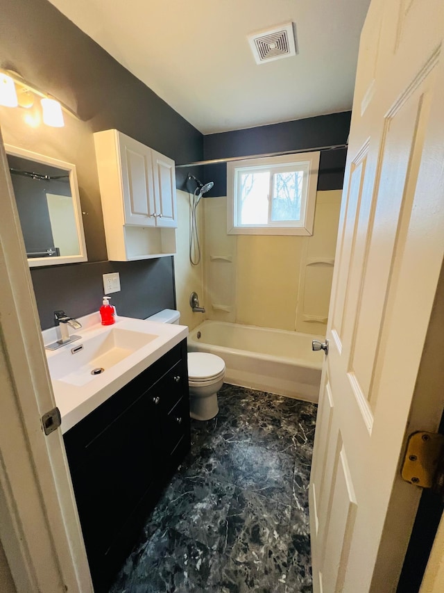 full bathroom with vanity, toilet, and bathing tub / shower combination