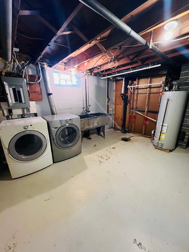 basement featuring electric panel, water heater, washer and clothes dryer, and sink