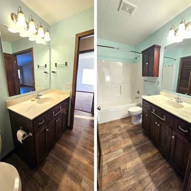 full bathroom featuring visible vents, a sink, toilet, and wood finished floors