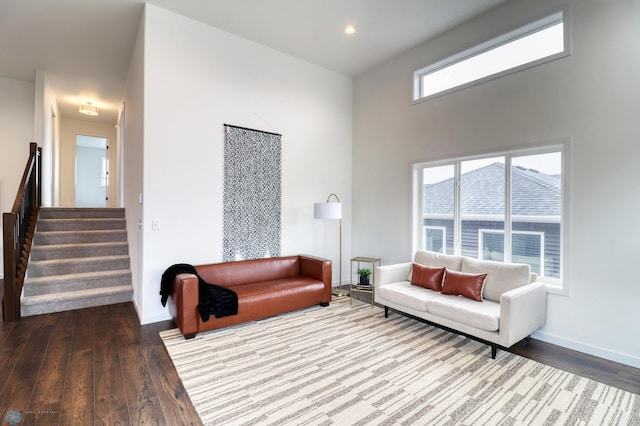 living room with dark hardwood / wood-style flooring