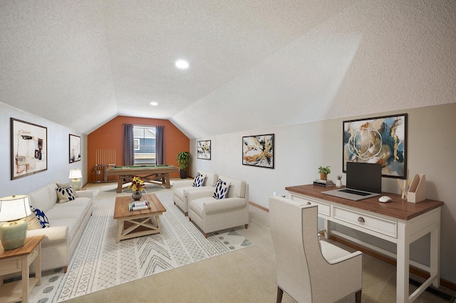 office with a textured ceiling, light colored carpet, vaulted ceiling, and billiards