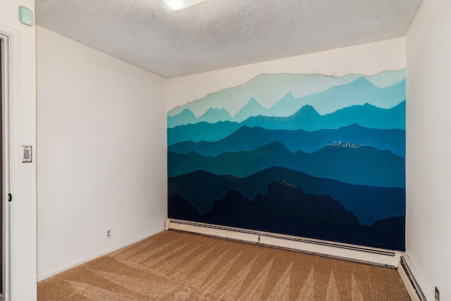 unfurnished room with a baseboard heating unit, a textured ceiling, and carpet floors