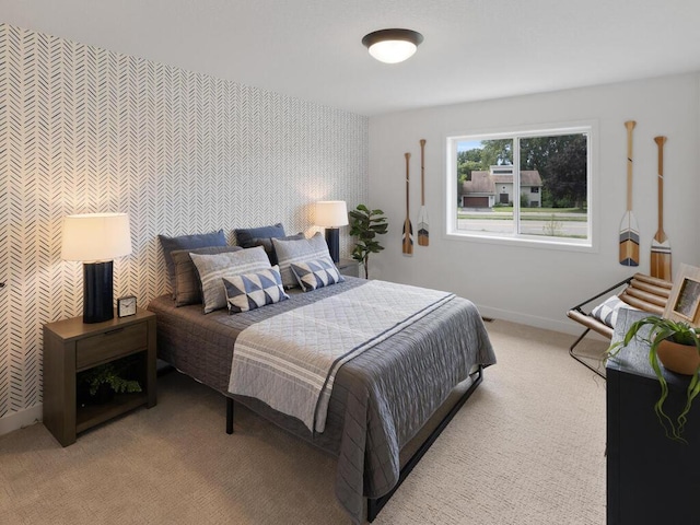 13609 Hollybrook Dr, Apple Valley, MN 55124 - bedroom with wallpapered walls, baseboards, an accent wall, and light carpet